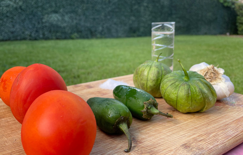 red and gree tomatoes, serranos, salt and tequila